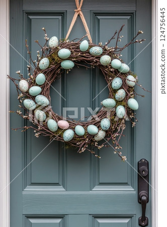 Beautiful Wreath Decorated With Pastel Eggs and Branches on a Green Door During Springtime Festive Season 124756445