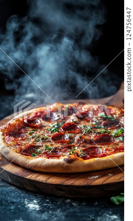 Freshly Baked Pepperoni Pizza With Steam Rising in a Cozy Setting Freshly Baked Pepperoni Pizza With Steam Rising in a Cozy Setting 124756447