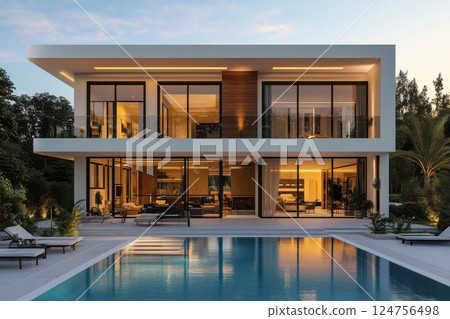 Modern Architectural Design With Large Windows and Pool Surrounded by Greenery in the Evening 124756498