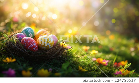 Colorful Easter Eggs Nestled in a Natural Nest on a Grassy Forest Floor During Spring 124756537