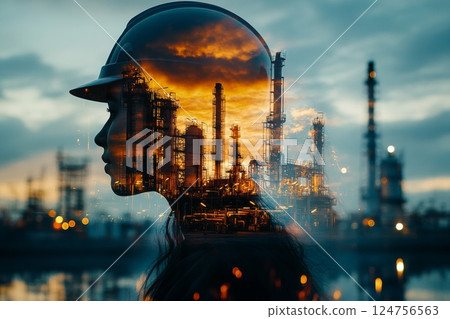 Engineer Silhouette With Oil Refinery Double Exposure at Sunrise Engineer Silhouette With Oil Refinery Double Exposure at Sunrise 124756563