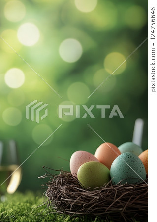 Colorful Eggs Arranged in a Nest During a Spring Celebration in a Vibrant Green Garden 124756646