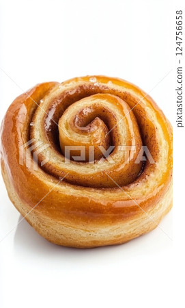 A freshly baked cinnamon pastry with a glossy sugar glaze. The simple, elegant presentation emphasizes its rich, buttery layers and comforting sweetness. 124756658