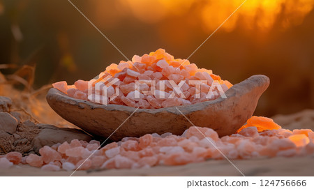 Close up of pink Himalayan salt in rustic bowl with warm sunset lighting 124756666