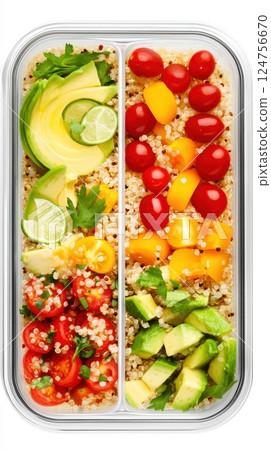 A vibrant, balanced meal prep with quinoa, avocado, and tomatoes in a divided container. A nutritious and refreshing dish, perfect for a healthy lifestyle. 124756670