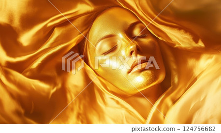 A divine woman with a radiant golden face mask, wrapped in flowing silk fabric, illuminated by soft, ethereal light. The image embodies luxury, self-care, and feminine empowerment. 124756682