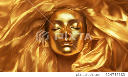 A divine woman with a radiant golden face mask, wrapped in flowing silk fabric, illuminated by soft, ethereal light. The image embodies luxury, self-care, and feminine empowerment. 124756683