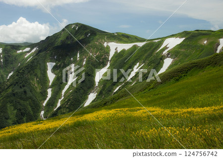 A golden river flowing through the summer mountains A golden river flowing through the summer mountains 124756742