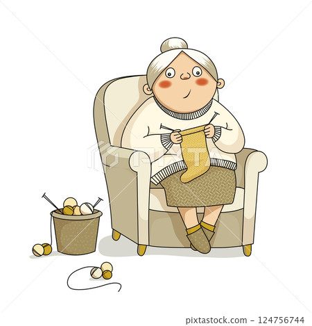Cute grandma sits in a chair and knits socks. Next to her in a basket are balls of thread. Vector illustration Cute grandma sits in a chair and knits socks. Next to her in a basket are balls of thread. Vector illustration 124756744