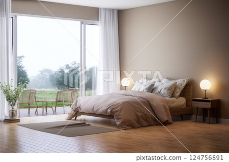 Modern contemporary style bedroom with morning nature view 3d render Modern contemporary style bedroom with morning nature view 3d render 124756891