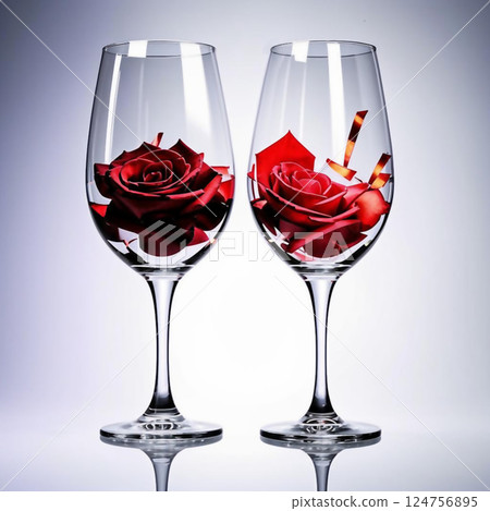 Two beautiful glasses on a light background. A pair of wine glasses decorated with a rose. 124756895