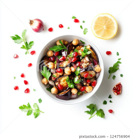 chickpea salad with roasted eggplant, pomegranate, and lemon dressing, vibrant and fresh Mediterranean dish, isolated on white background, minimalistic composition with clean negative space 124756904