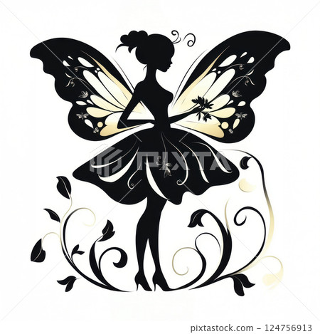 fantasy fairy silhouette in an elegant leaf-inspired dress, large butterfly wings, holding a small flower, standing on swirling vines, enchanting mythical design for decorative prints, fabric patterns 124756913