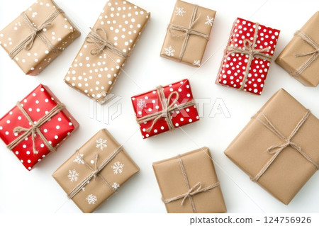 festive Christmas gifts wrapped in red and natural kraft paper, adorned with silk ribbons and twine bows, featuring polka dots, snowflakes, and classic holiday patterns, cozy holiday still life festive Christmas gifts wrapped in red and natural kraft paper, adorned with silk ribbons and twine bows, featuring polka dots, snowflakes, and classic holiday patterns, cozy holiday still life 124756926