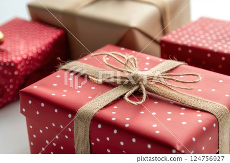 festive Christmas gifts wrapped in red and natural kraft paper, adorned with silk ribbons and twine bows, featuring polka dots, snowflakes, and classic holiday patterns, cozy holiday still life festive Christmas gifts wrapped in red and natural kraft paper, adorned with silk ribbons and twine bows, featuring polka dots, snowflakes, and classic holiday patterns, cozy holiday still life 124756927