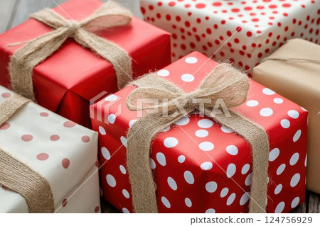 festive Christmas gifts wrapped in red and natural kraft paper, adorned with silk ribbons and twine bows, featuring polka dots, snowflakes, and classic holiday patterns, cozy holiday still life festive Christmas gifts wrapped in red and natural kraft paper, adorned with silk ribbons and twine bows, featuring polka dots, snowflakes, and classic holiday patterns, cozy holiday still life 124756929
