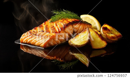 Perfectly grilled salmon fillet with a golden seared crust, served with crispy potato wedges on a reflective black surface, enhanced by dramatic lighting and soft highlights, garnished with fresh dill 124756937