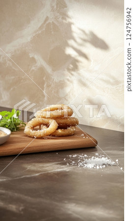 Rustic baked onion rings with a crispy Parmesan and herb crust, stacked on a dark slate plate, dramatic lighting enhancing texture, served with tangy dipping sauce on a wooden board Rustic baked onion rings with a crispy Parmesan and herb crust, stacked on a dark slate plate, dramatic lighting enhancing texture, served with tangy dipping sauce on a wooden board 124756942