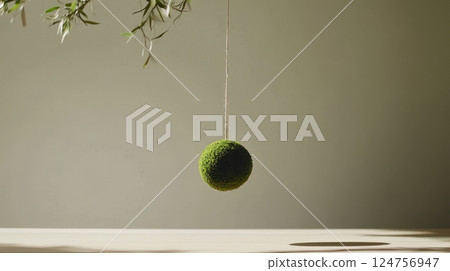 A serene minimalist interior featuring a kokedama plant hanging from a natural fiber string. The floating green sphere contrasts with a neutral-toned background, exuding Japanese-inspired tranquility 124756947