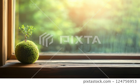 A small kokedama plant resting on a rustic wooden windowsill, bathed in warm natural light. The moss-covered sphere adds a touch of organic beauty, blending biophilic design with Japanese simplicity 124756953