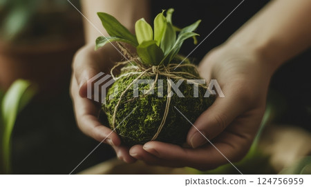 A close-up of hands holding a freshly crafted kokedama, wrapped in moss and twine, with earthy tones and soft lighting emphasizing the organic, handmade aesthetic 124756959