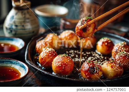 Takoyaki balls glazed with sauce and sprinkled with sesame 124757001