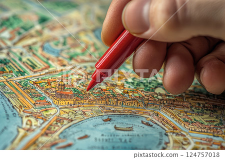 Hand marking tourist map with red pen Hand marking tourist map with red pen 124757018