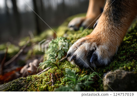 Dog paw stepping on forest moss in natural environment Dog paw stepping on forest moss in natural environment 124757019