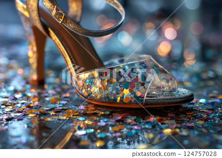 Glitter high heel shoe with confetti on shiny floor Glitter high heel shoe with confetti on shiny floor 124757028