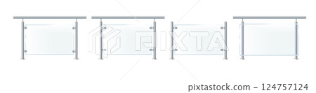 Glass or plexiglass fence with banisters. Architectural guardrail for balcony or office terrace. 124757124