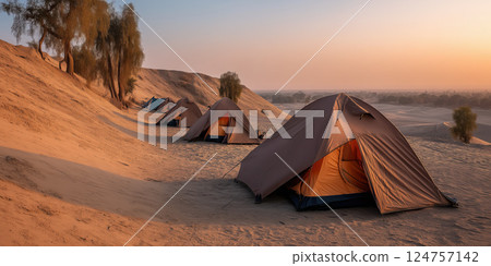Tents set up on sandy desert hill at dawn, with soft sunlight and scattered trees 124757142
