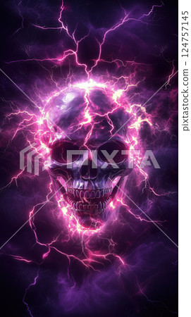 glowing skull surrounded by vibrant purple and pink electric energy, creating dramatic effect 124757145