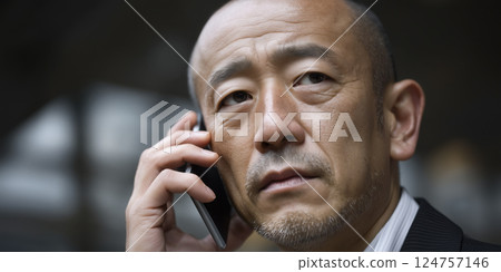Serious Asian businessman talking on smartphone outdoors 124757146