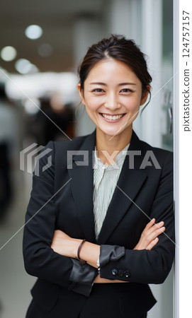Confident businesswoman smiling in professional setting, arms crossed, wearing black suit Confident businesswoman smiling in professional setting, arms crossed, wearing black suit 124757157