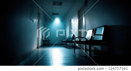 Dimly lit hospital corridor with empty chairs, evoking somber and eerie atmosphere Dimly lit hospital corridor with empty chairs, evoking somber and eerie atmosphere 124757161