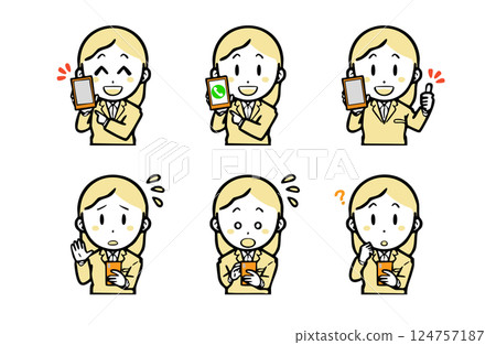 A set of facial expressions of a young woman in a suit using a mobile phone A set of facial expressions of a young woman in a suit using a mobile phone 124757187