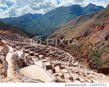 Peru Maras salt mines of Incas on hillside of Qaqawinay mountain, Sacred valley Peru Maras salt mines of Incas on hillside of Qaqawinay mountain, Sacred valley 124757211