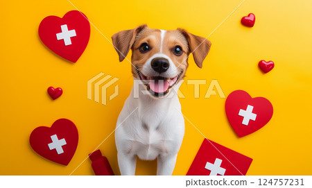 Funny smiling dog on vibrant yellow background surrounded by red hearts with white cross. Veterinary and pet healthcare concepts 124757231