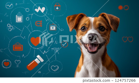 Cute dog on blue background with abstract medical symbols for pet health and care themes 124757266