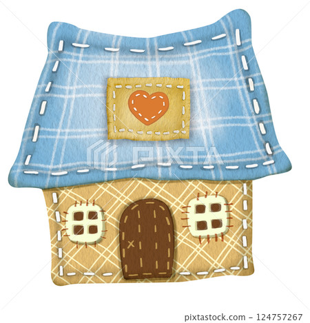 Textile house for decoration. Watercolor illustration handmade crafts. Cute cozy home for printing postcards, notebooks, stickers, dishes, T-shirts, etc. Design of a site on sewing and needlework. 124757267