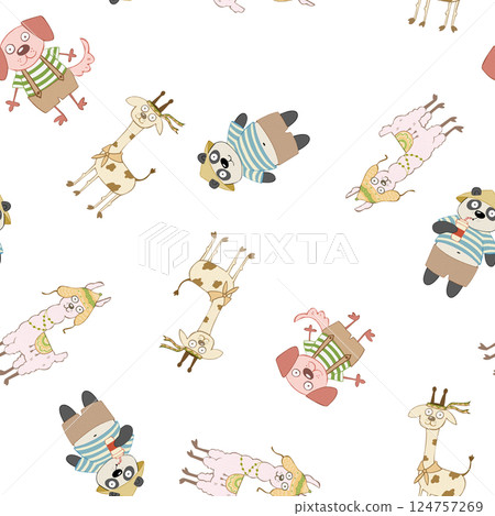 Seamless pattern of cartoon animals. Abstract childish stylized panda, dog, giraffe and alpaca without background. Perfect for printing on fabric, clothes, wallpaper, carpets, wrap paper packages, etc 124757269