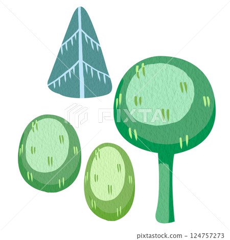 Clip art illustration of cartoon watercolor plants: bushes, tree and pine, in different green shades. Bizarre minimalist illustration without background for children books, magazines, or games. Clip art illustration of cartoon watercolor plants: bushes, tree and pine, in different green shades. Bizarre minimalist illustration without background for children books, magazines, or games. 124757273