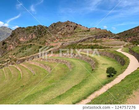 Peru Sacred valley of Incas Urubamba terraced fields near Pisac fortress Peru Sacred valley of Incas Urubamba terraced fields near Pisac fortress 124757276