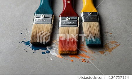 Colorful Paintbrushes with Creative Strokes on a Gray Surface 124757354