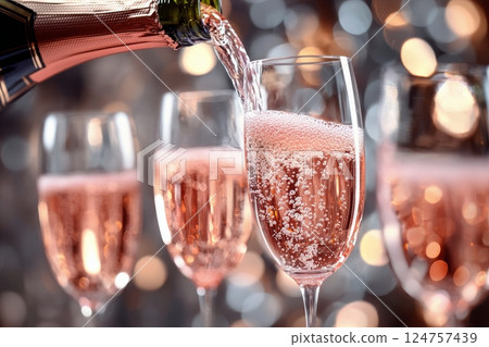 Elegant Pouring of Sparkling Rose Wine Into a Glass at a Festive Celebration 124757439