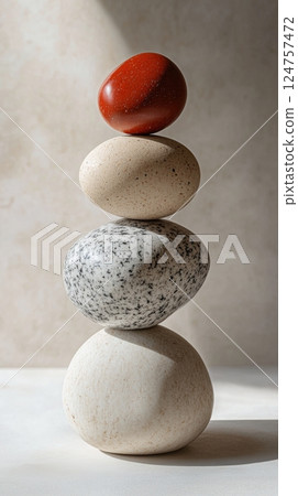 Balance and Harmony in Stone Stacking on a Smooth Surface 124757472