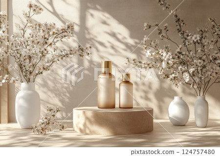 Elegant Display of Skincare Bottles With Floral Accents in Serene Natural Light 124757480