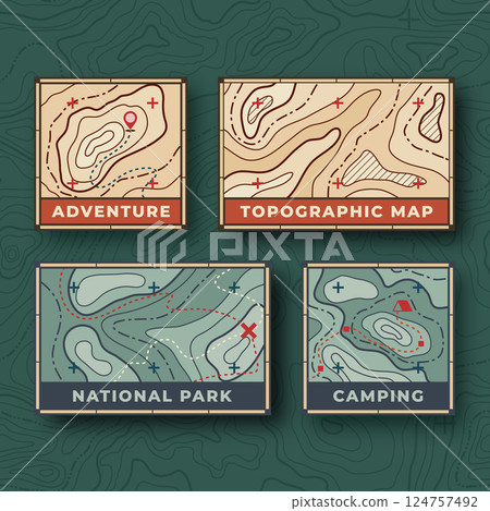 Set of topographic map badges for adventure, camping, and national parks 124757492