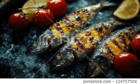 Grilled Fish Served With Fresh Tomatoes and Lemon Slices on a Bed of Ice 124757509