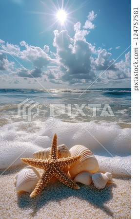 Seaside View Featuring Seashells and a Starfish on Sandy Beach at Midday Seaside View Featuring Seashells and a Starfish on Sandy Beach at Midday 124757581